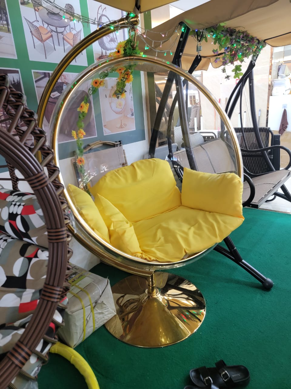 Contemporary Clear Acrylic Accent Swing Chair – Gold Metal Base & Fabric Seat